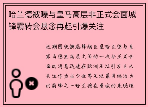 哈兰德被曝与皇马高层非正式会面城锋霸转会悬念再起引爆关注 哈兰德被曝与皇马高层非正式会面城锋霸转会悬念再起引爆关注